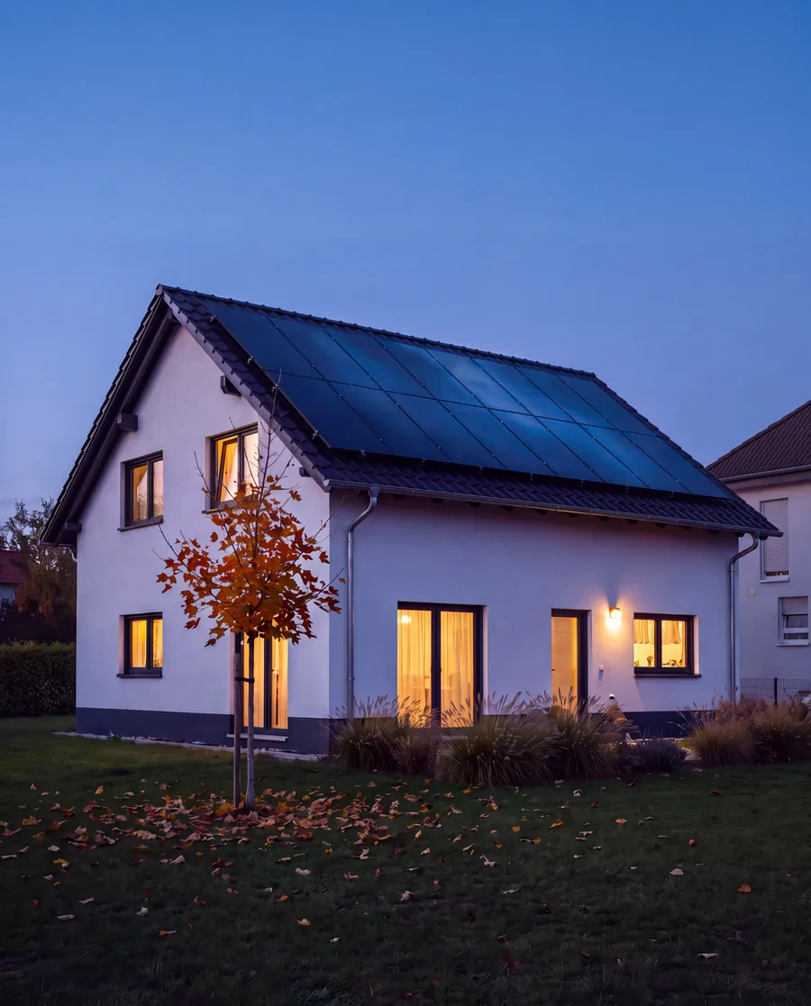 Rodinný dům s černou fotovoltaickou střechou večer, rozsvícená okna